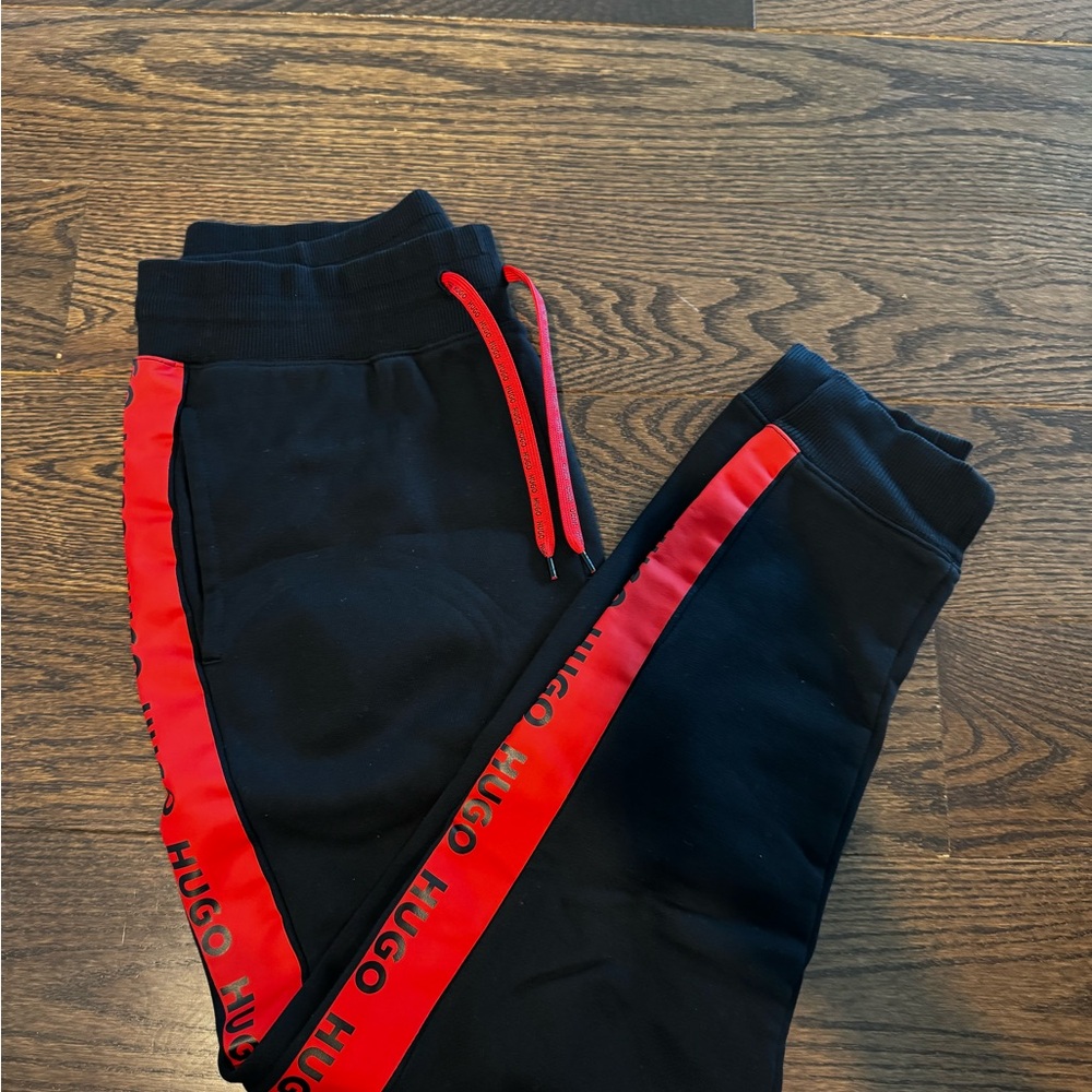 HUGO Black and Red Athletic Joggers with Tapered Fit